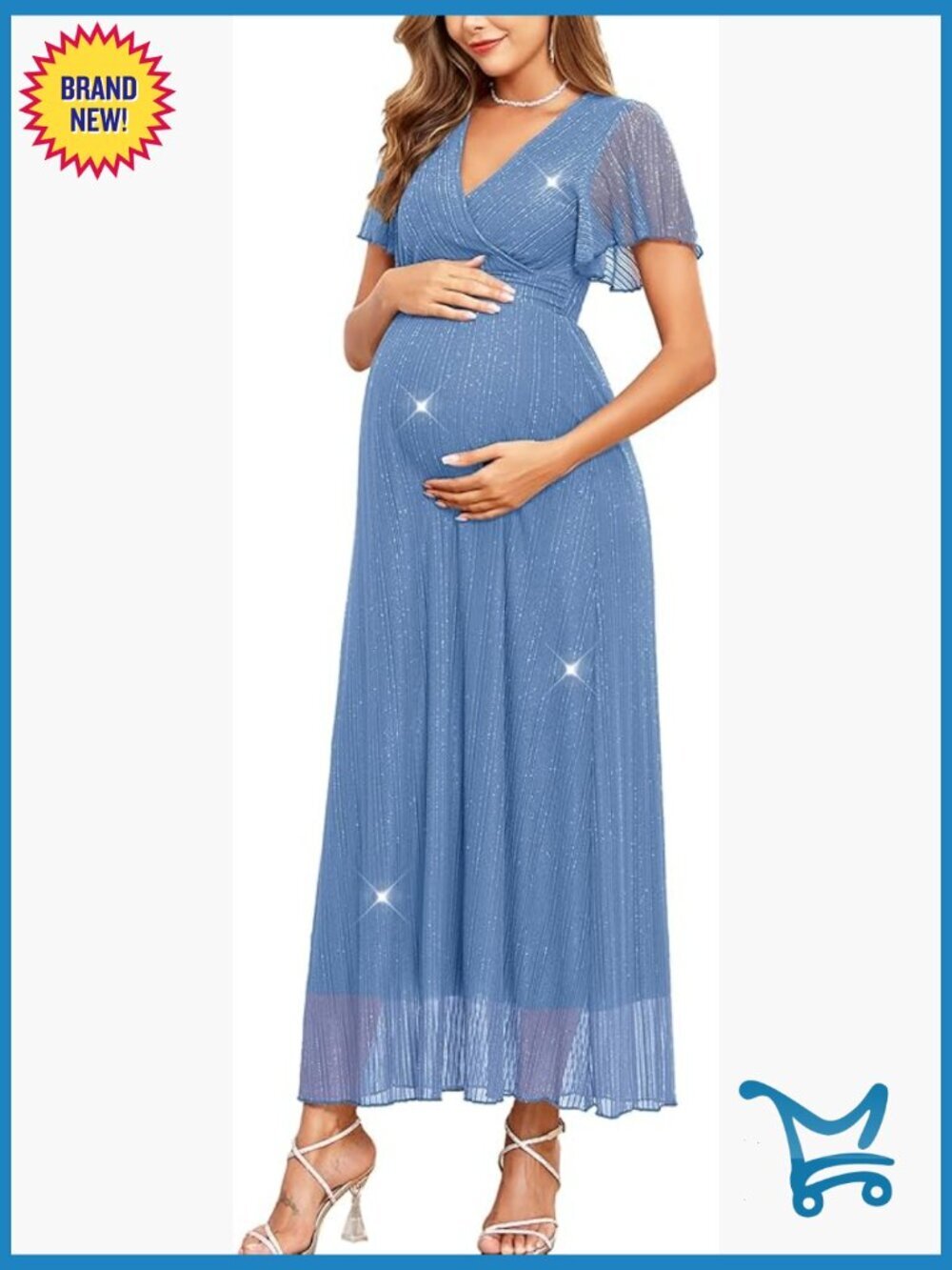 Maternity Sparkly Mesh Maxi Dress V-Neck Ruffle Sleeve Flowy Pregnancy